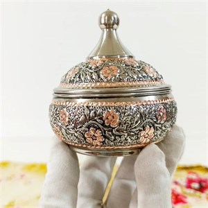 قندان مسی گل برجسته کروم شده تراش کاری شده