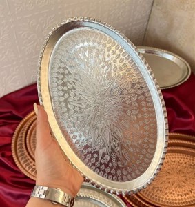 سینی مسی بیضی ترمه سفید قلع سایز ۸ اندازه ۴۳×۲۸