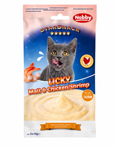 بستنی گربه تائورین دار نوبی طعم مالت، مرغ و میگو Nobby licky malt & chicken and shrimp بسته ۵ عددی