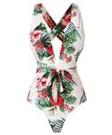 Begonia.K Women's Tropical Print Deep V-Neck Criss Cross Floral One Piece Swimsuit