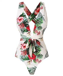Begonia.K Women's Tropical Print Deep V-Neck Criss Cross Floral One Piece Swimsuit 