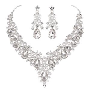 Youfir Bridal Rhinestone Simulated Pearl Necklace Earring Jewelry Set for Brides Wedding Party Dress 