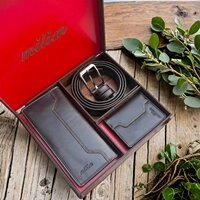 ست هدیه کیف و کمربند و جاکارتی چرمی میلیون 3 تکه با باکس چوبی