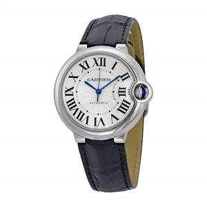 Cartier Ballon Bleu Automatic Silver Dial Stainless Steel Black Leather Ladies Watch W69017Z4 