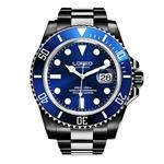 LOREO Mens GMT Full Black Stainless Steel Sapphire Glass Blue Rotating bezel Mens Automatic Watch