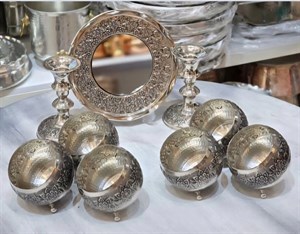 سرویس هفت سین گلبرگ مسی کروم ۶ عددی همراه آینه و شمعدان گلبرگ