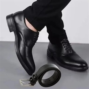 ست کفش مردانه مدل رویال و کمربند چرم صنعتی مشکی