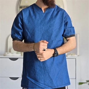 تیشرت مردانه یقه کوبایی لی کاغذی آستین کش رنگ آبی و ذغالی