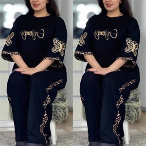 ست تیشرت و شلوار زنانه مدل گیلدا جنس پنبه گلکسی رنگ مشکی فری سایز 38 تا 46