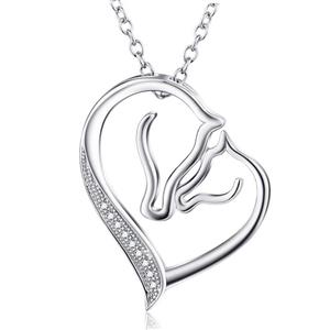 YFN S925 Sterling Silver Mother and Child Horse Head Heart Shape Pendant Necklace 18 