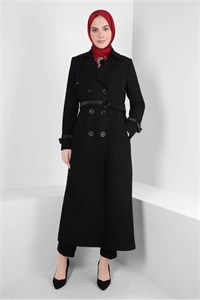 مانتوی مشکی زنانه با کمربند و سنگ‌دوزی مدل T 90408