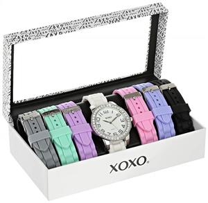 XOXO Women's Analog Watch with Silver-Tone Case, Crystal-Inset Bezel, 7 Interchangeable Bands Included - Official XOXO Woman's Silver-Tone Watch, Silicone Buckle Straps - Model: XO9069 