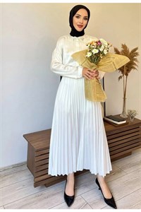 دامن پلیسه زنانه چرمی سفید