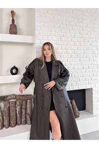 کت ترنچ زنانه چرمی قهوه‌ای