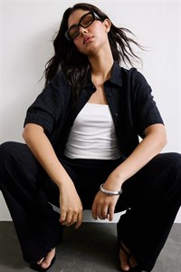 پیراهن زنانه اورسایز کتان‌نما مشکی DeFacto