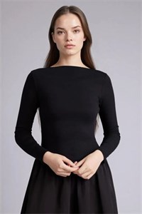 پیراهن میدی مشکی زنانه دFacto یقه قایقی آستین بلند پاپلین 3409023