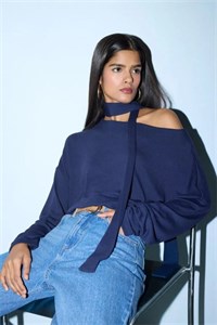 تیشرت زنانه آبی سرمه ای loose fit آستین بلند دفاتو مدل 3376238