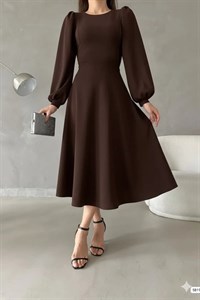 پیراهن میدی یقه دوچرخه آستین بالون قهوه‌ای Planet Prestige زنانه