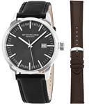 Stuhrling Original Mens Minimalist Swiss Quartz Stainless Steel Dress Wrist-Watch, Quick-Set Date, 2 Easy-Interchangeable Leather Straps – 555AZ Series