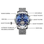 KINYUED Mens Tourbillon Mechanical Stainless Steel Watch Sports Leather Military Automatic Watches for Men