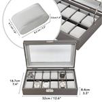 12 Piece Pewter Carbon Fiber Watch Display Case Men's or Ladies Watch Box Jewelry Glass Top