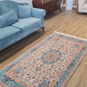 فرشینه مخمل هازان طرح فیروزه ای کازرون L466(پس کرایه) - پادری 50 در 80 - سایز: پادری 50 در 80