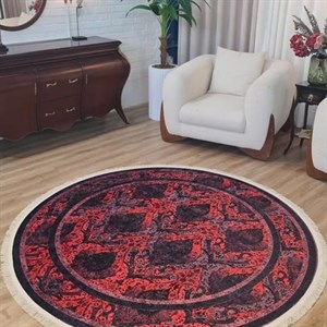 فرش چاپی گرد قرمز مخمل کیفیت هایژنیک گوشتی A طرح آرتین D211(پس کرایه) - قطر 100 - سایز: قطر 100