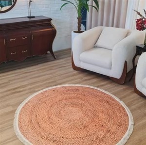 فرش چاپی گرد مخمل A هایژنیک طرح حصیری روشن U664 (پس کرایه) - قطر 100 - سایز: قطر 100