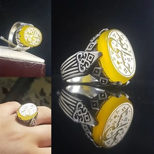 انگشتر عقیق زرد با حکاکی حسبی الله رکاب طرح شش چنگ  کد 1137