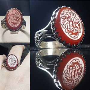 انگشتر عقیق قرمز با حکاکی علی ولی الله رکاب الیاژی نیزه کد 8128