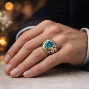 خرید انگشتر توپاز آبی اصل با رکاب تاج برنجیکد 1852