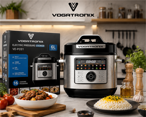 زودپز برقی ۱۶ کاره ووگاترونیکس VOGATRONIX اصلی مدل VE-PC01 ظرفیت ۶ لیتر | زودپز، آرام‌پز، بخارپز و پلوپز