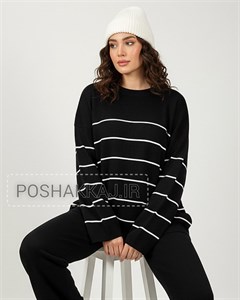 ست بافت راه راه ریز قواره باکسی آستین بلند با شلوار راسته گشاد ساده زنانه کد 1855