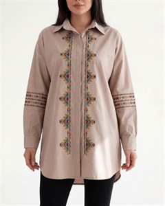 تونیک دکمه دار گلدوزی زنانه یقه دار آستین بلند پارچه لینن کد 2008