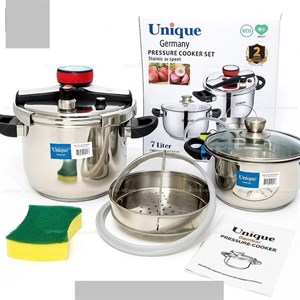 زود پز و پلوپز دو قلو یونیک 8 پارچه 5 و 7 لیتر استیل لیسانس آلمان مدل UNIQUE UN-8050