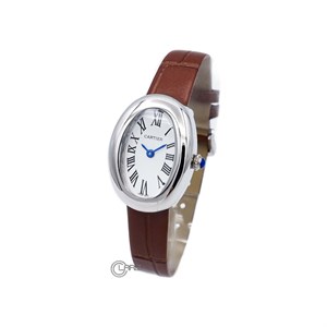 ساعت مچی کارتیه CARTIER Baignoire بیضی زنانه بند چرم قهوه ای قاب سیلور