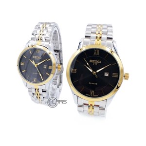 ساعت سیکو SEIKO vip ست کد 005 دورنگ سیلور طلایی صفحه مشکی