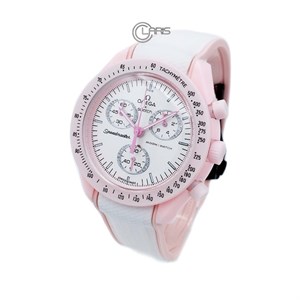 ساعت مچی امگا سواچ OMEGA&swatch کرنوگراف سه موتور فعال قاب صورتی بند سفید صورتی