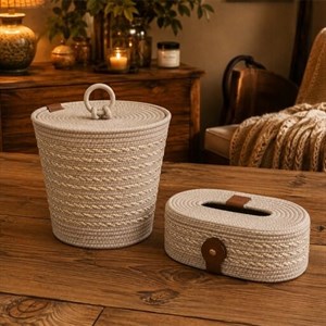 ست سطل و جعبه دستمال کاغذی حصیری