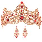 SSNUOY Vintage Gold Bridal Tiara and Earrings Sets Red Rhinestone Headband Wedding Prom Jewelry Set for Women