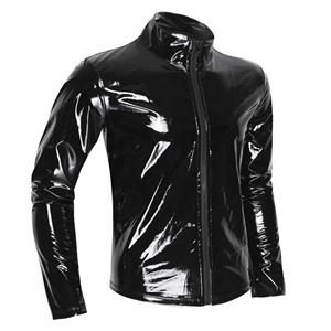 YiZYiF Men's PVC Leather Wet Look Zipper Long Sleeve T-Shirt Tops