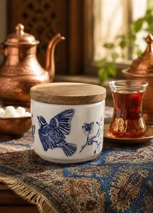 قندان سرامیک در چوبی طرح پرنده و جنگل