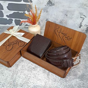 ست هدیه چرم مردانه چرم طبیعی کیف پول و کمربند مدل 2 تیکه جیبی 2 لت روکو قهوه ای