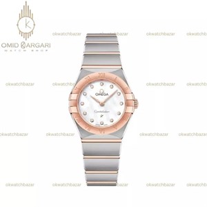 ساعت مچی امگا زنانه مدل کانسلیشن نگین دار سیلور طلایی صفحه سفید Omega Constellation