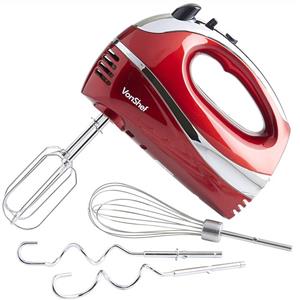 همزن VonShef Electric Hand Mixer Whisk With Stainless Steel Attachments, 5-Speed and Turbo Button, Includes; Beaters, Dough Hooks and Balloon Whisk - Red