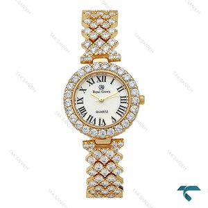 ساعت رویال کرون زنانه مجلسی طلایی فول نگین ایندکس یونانی Royal-7250-L