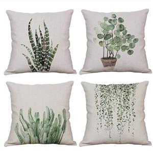 YeeJu Set of 4 Green Plant Throw Pillow Covers Decorative Cotton Linen Square Outdoor Cushion Cover Sofa Home Pillow Covers 20x20 Inch