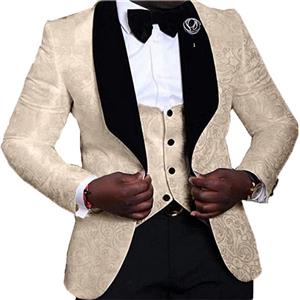 YSMO Men's Jacquard 3-Piece Suit Slim One Button Tuxedo Blazer Jacket Pants Vest Set 