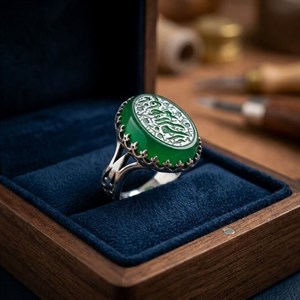 انگشتر نقره باسنگ عقیق سبز حکاکی یافاطمه الزهرا  کد 6078