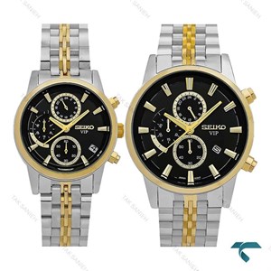 ساعت ست سیکو Vip سه موتوره دورنگ طلایی صفحه مشکی Seiko-8740-S